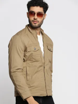 Men Khaki Mock Collar Cotton Tailored Jacket