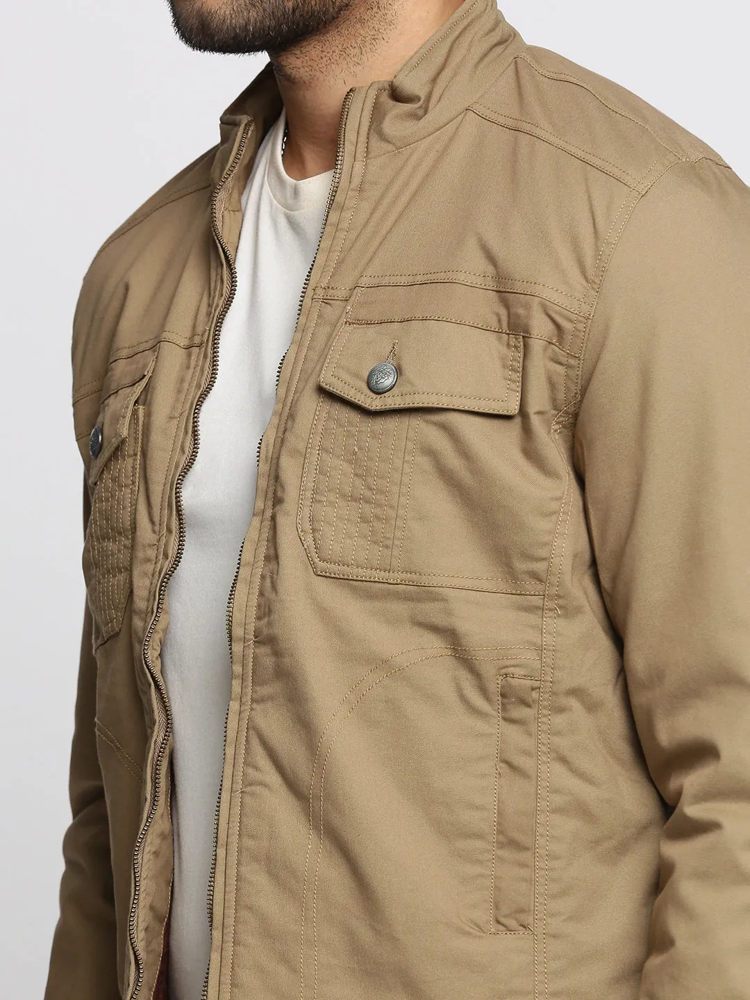 Men Khaki Mock Collar Cotton Tailored Jacket