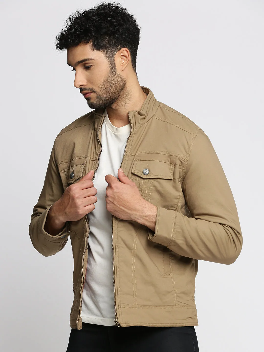 Men Khaki Mock Collar Cotton Tailored Jacket