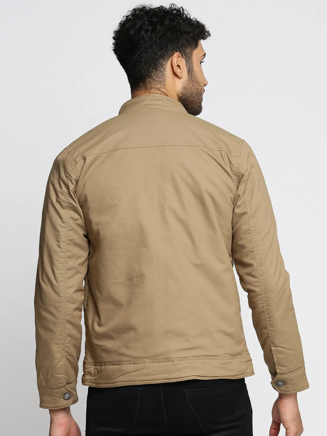 Men Khaki Mock Collar Cotton Tailored Jacket