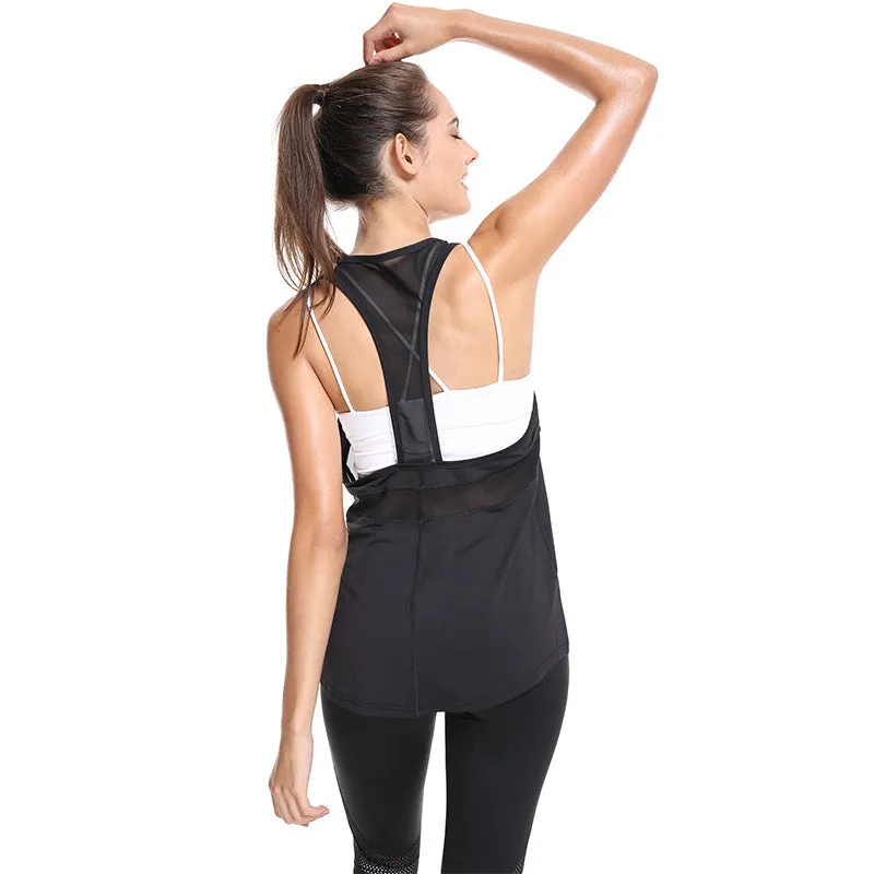 Mesh Patchwork Black Ladies Fitness Tops Sport Breathable Loose Sleeveless