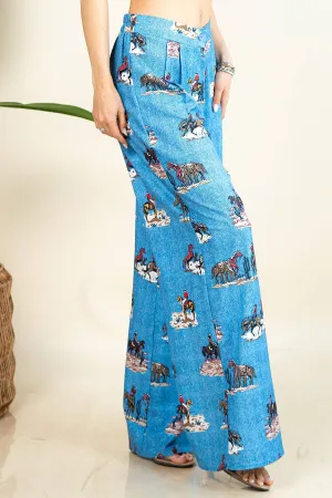 P1261-5220-Western Running Horses Print Elastic Wide Pants