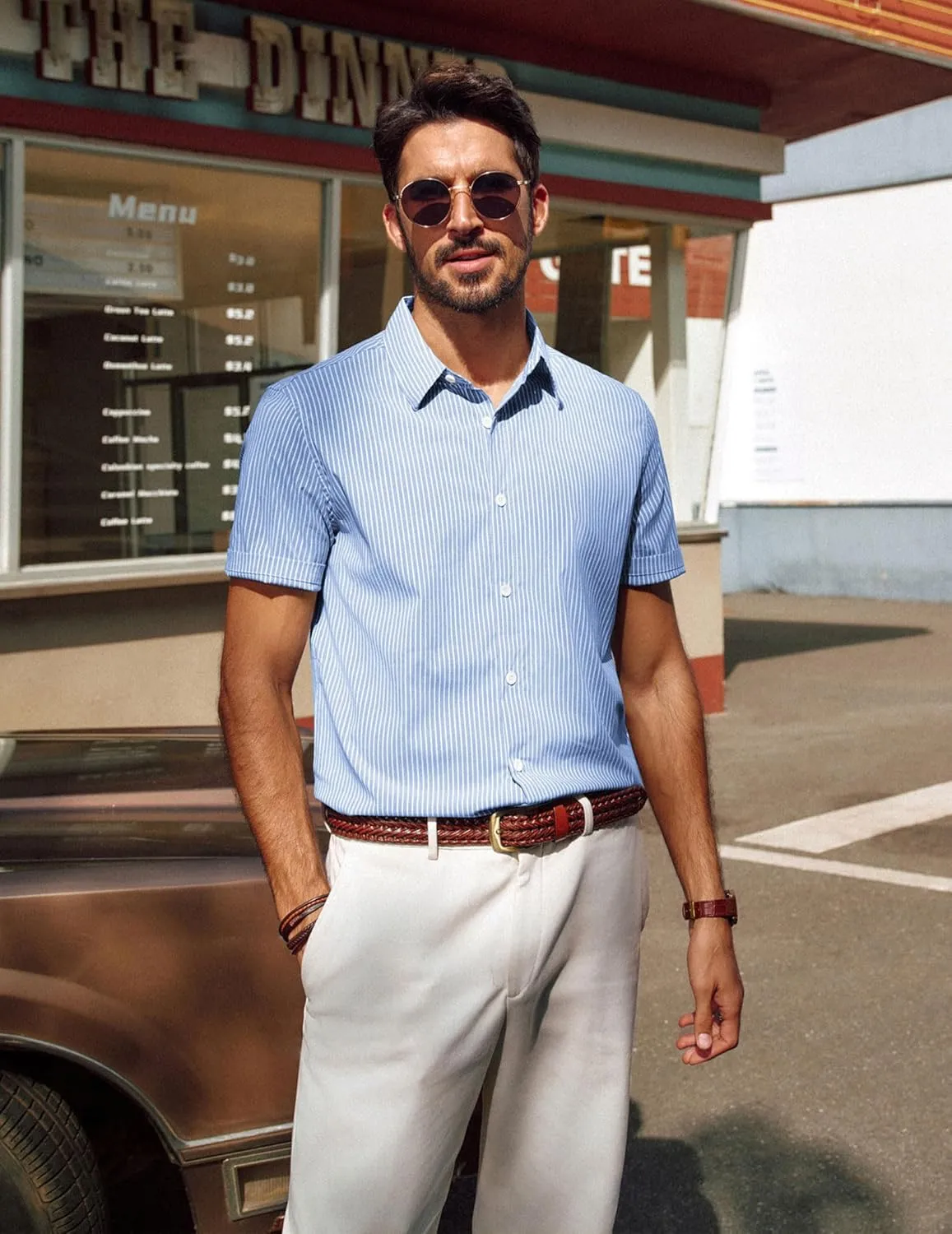 PJ PAUL JONES Mens Regular Fit Striped Dress Shirt Short Sleeve Button Down Shirts