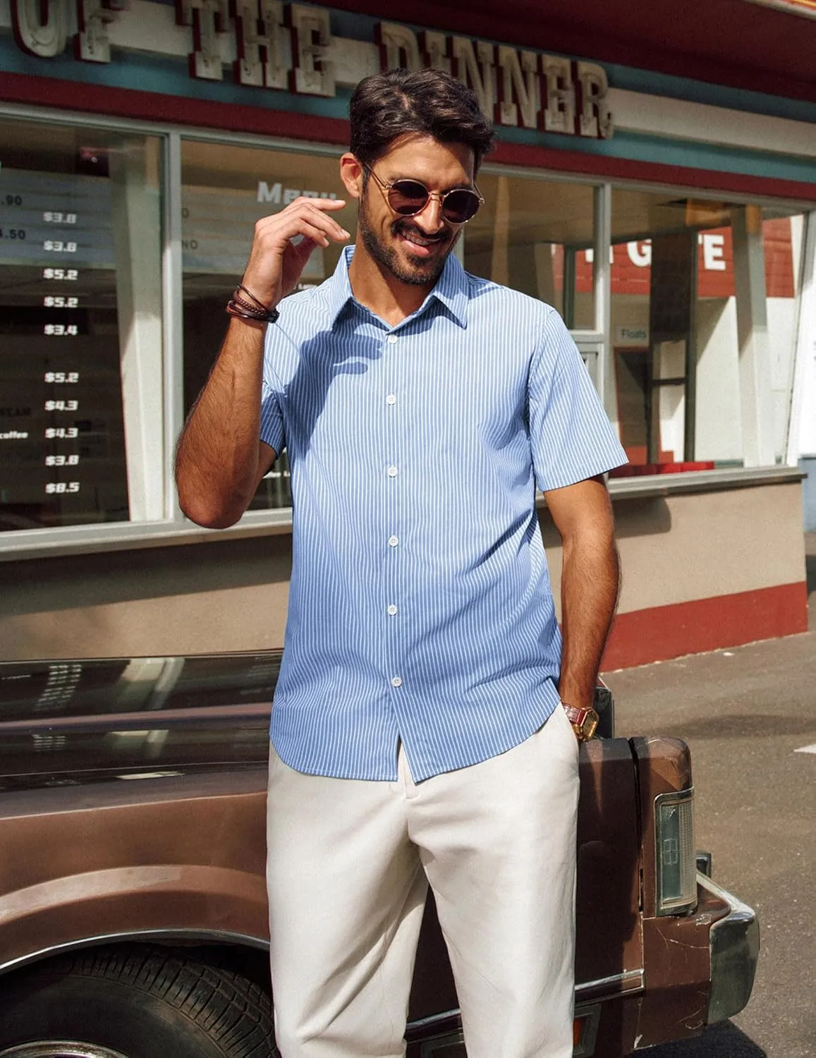 PJ PAUL JONES Mens Regular Fit Striped Dress Shirt Short Sleeve Button Down Shirts