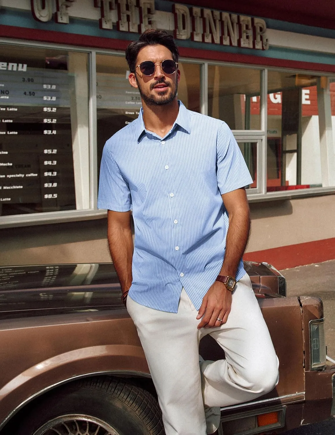 PJ PAUL JONES Mens Regular Fit Striped Dress Shirt Short Sleeve Button Down Shirts