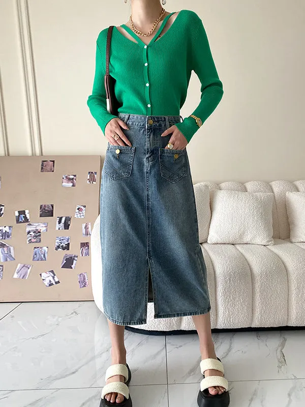 Pockets Split-front Split-Joint A-line Denim Skirts Bottoms