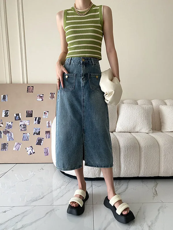 Pockets Split-front Split-Joint A-line Denim Skirts Bottoms