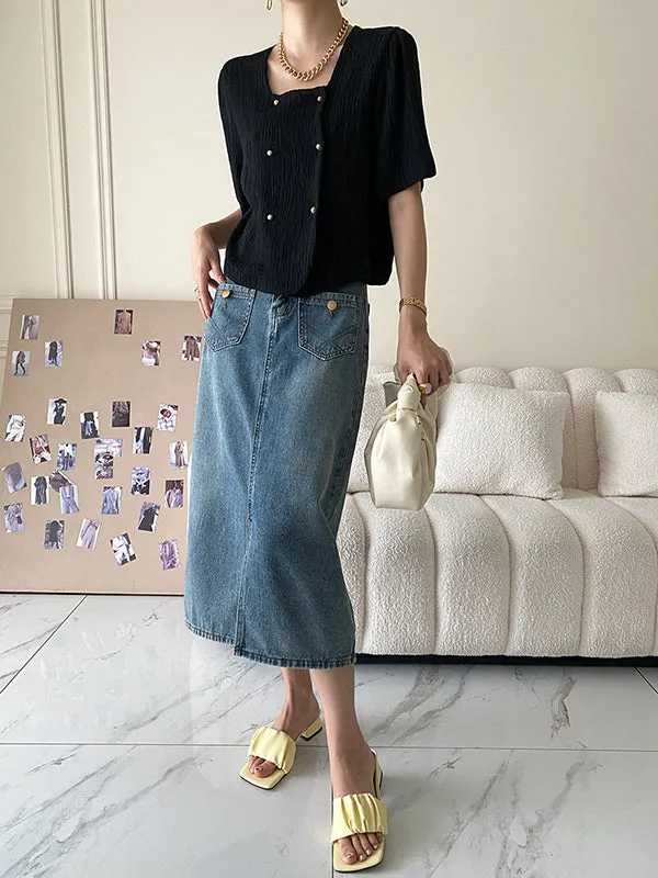 Pockets Split-front Split-Joint A-line Denim Skirts Bottoms