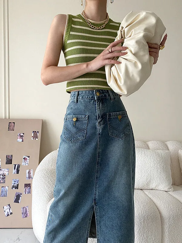 Pockets Split-front Split-Joint A-line Denim Skirts Bottoms