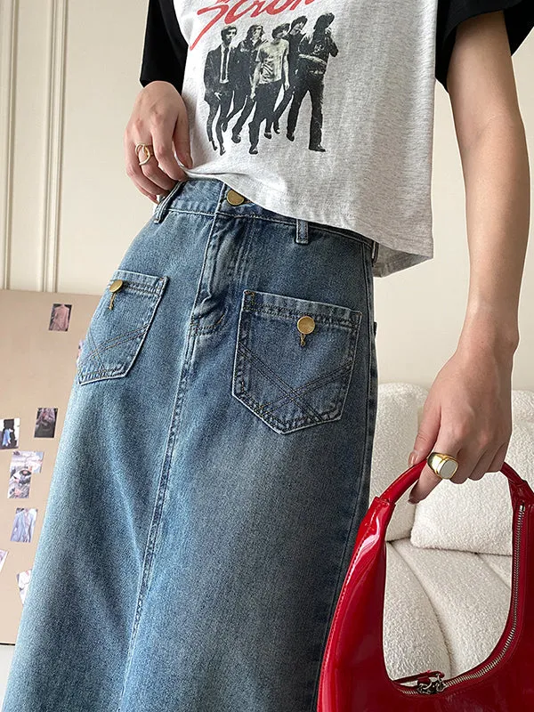 Pockets Split-front Split-Joint A-line Denim Skirts Bottoms