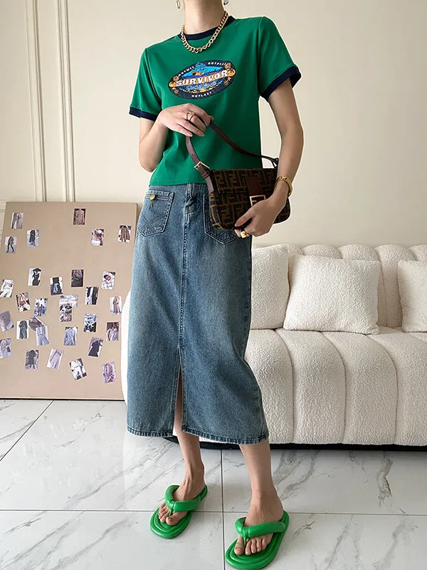 Pockets Split-front Split-Joint A-line Denim Skirts Bottoms