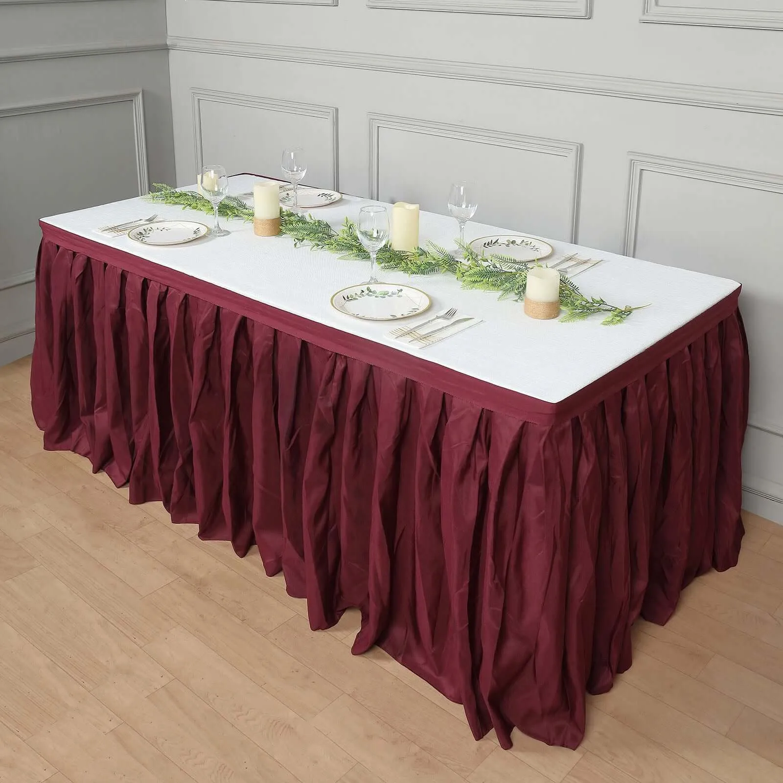 Polyester Table Skirt 14ft Burgundy - Stylish Pleated Table Cover