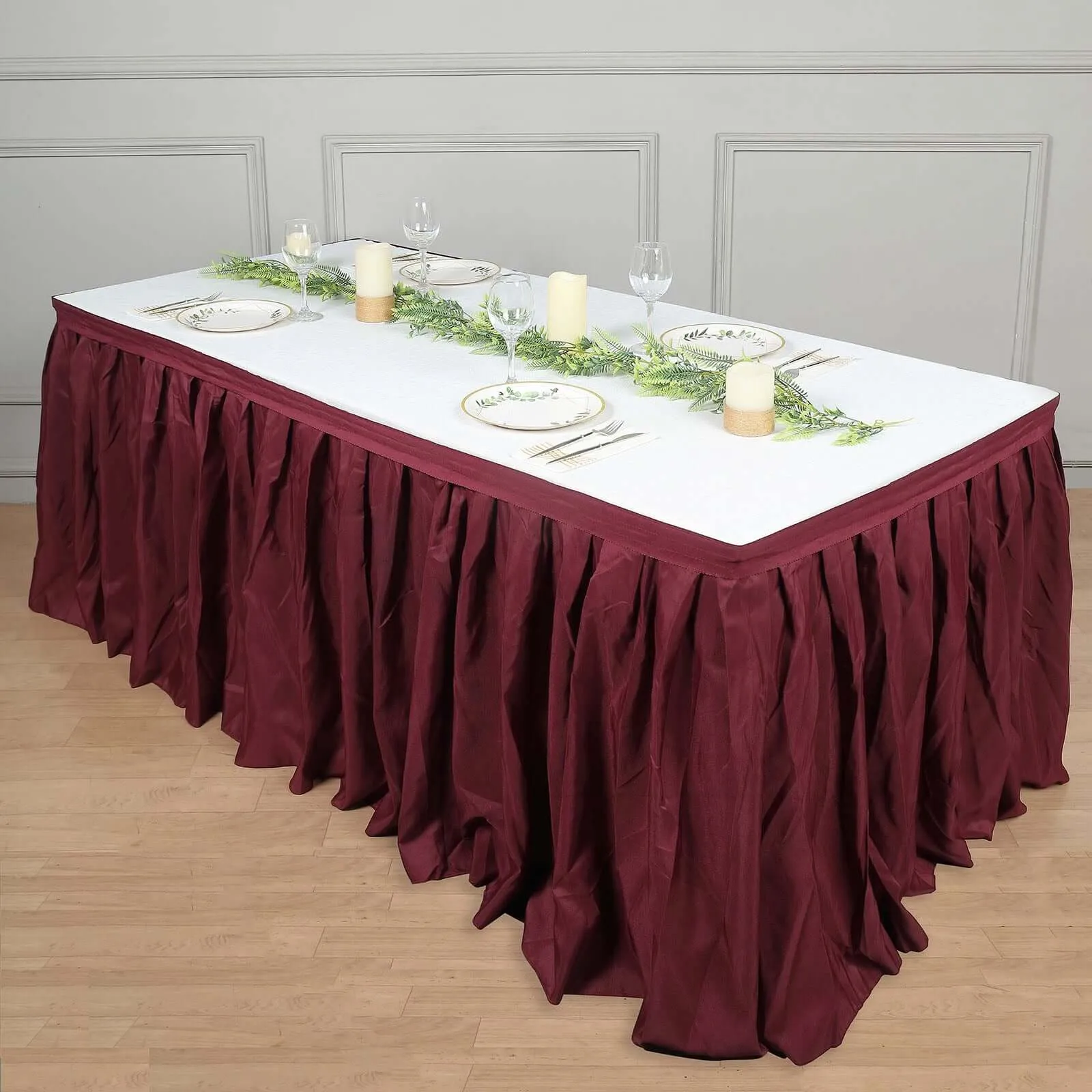 Polyester Table Skirt 14ft Burgundy - Stylish Pleated Table Cover