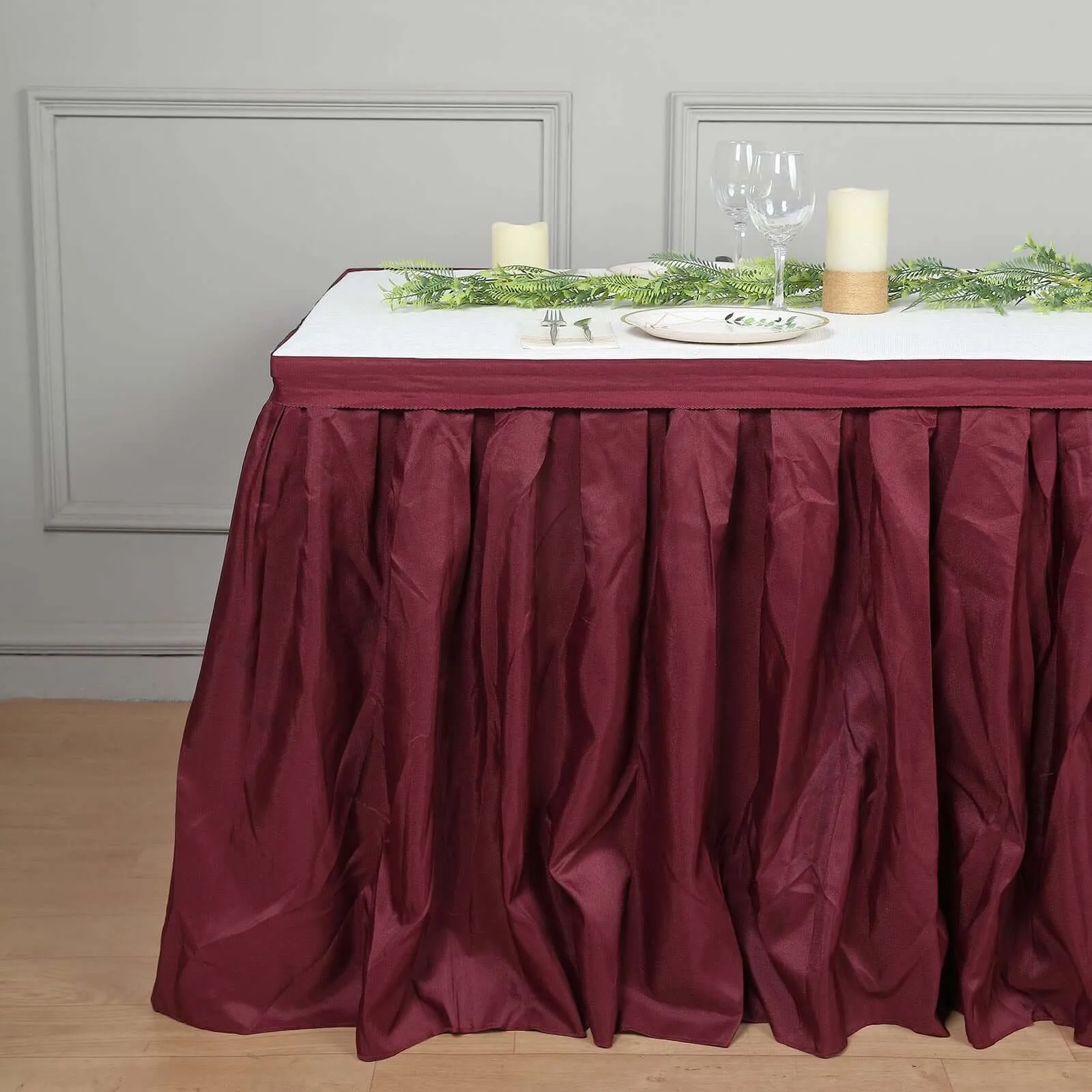 Polyester Table Skirt 14ft Burgundy - Stylish Pleated Table Cover