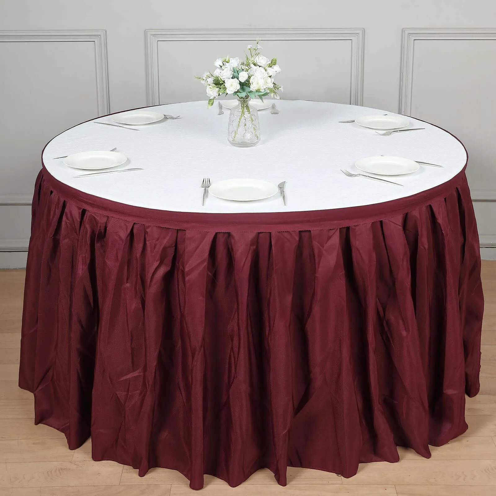 Polyester Table Skirt 14ft Burgundy - Stylish Pleated Table Cover
