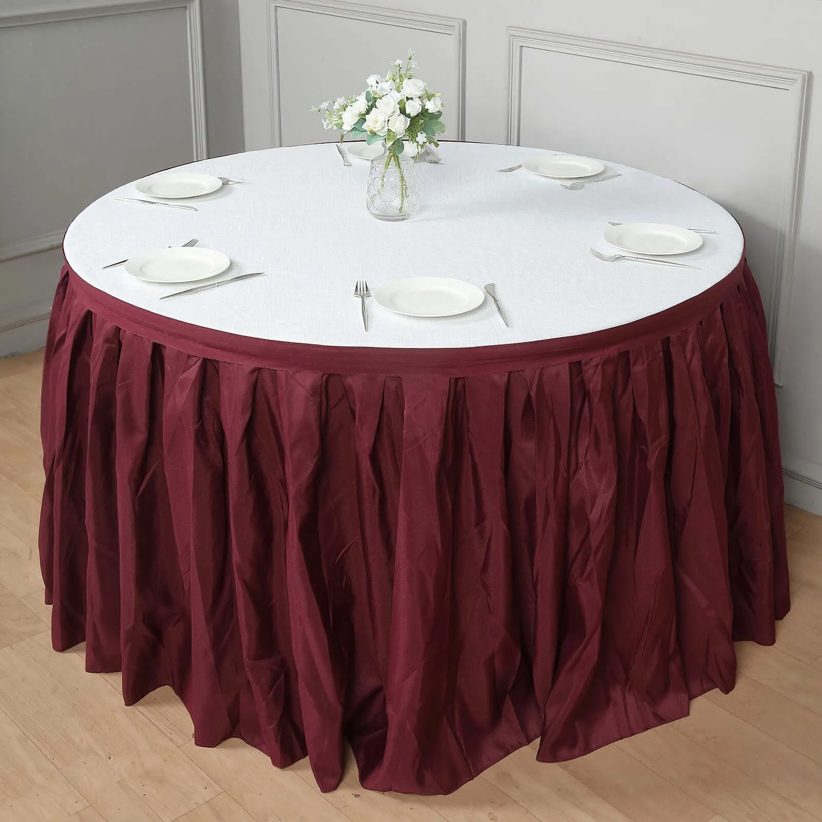 Polyester Table Skirt 14ft Burgundy - Stylish Pleated Table Cover