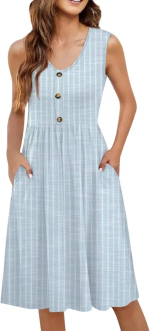 Summer Floral Midi Dress for Women Loose U Neck Casual Sleeveless 2025 Beach Floral Print Sundresses Dress with Pockets
