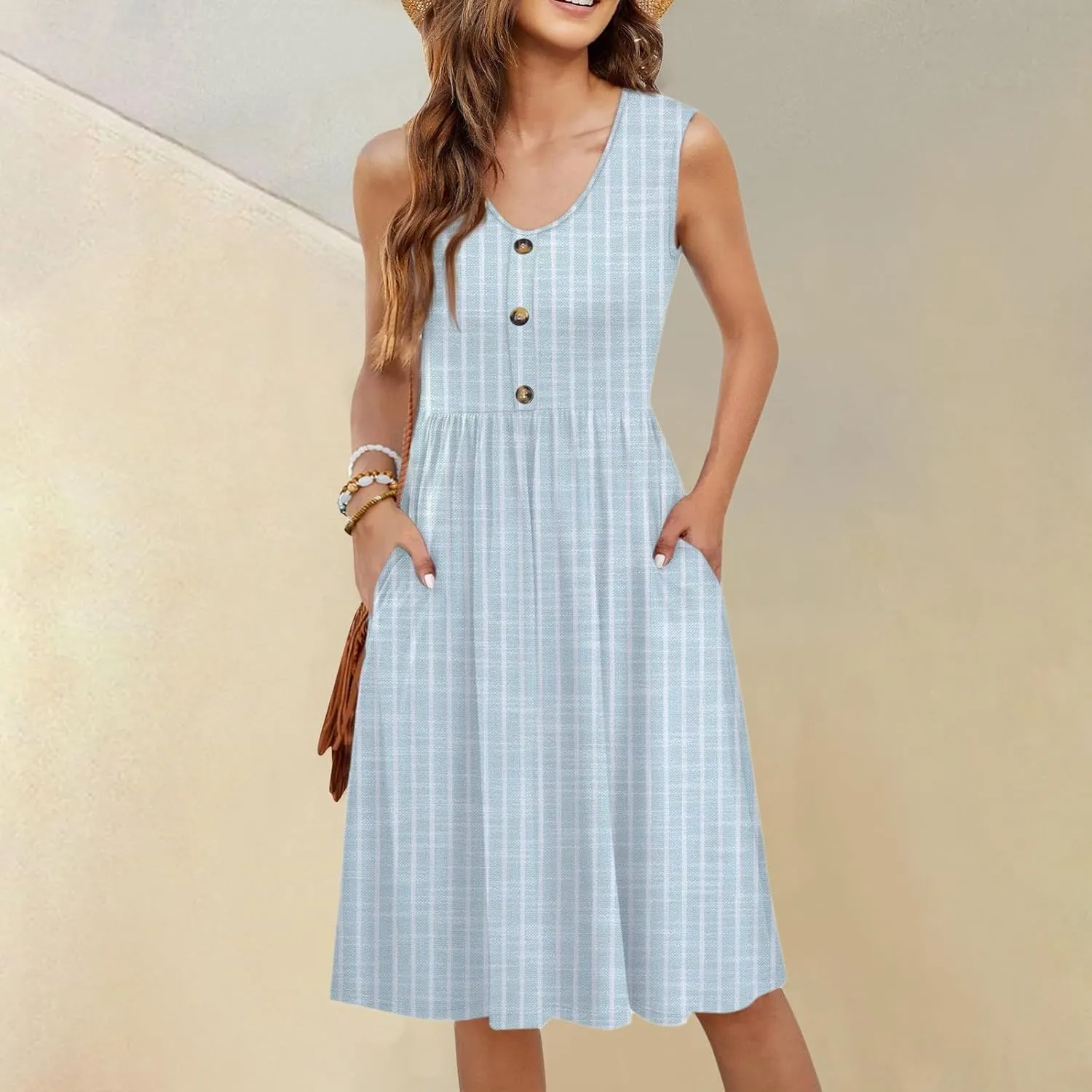 Summer Floral Midi Dress for Women Loose U Neck Casual Sleeveless 2025 Beach Floral Print Sundresses Dress with Pockets