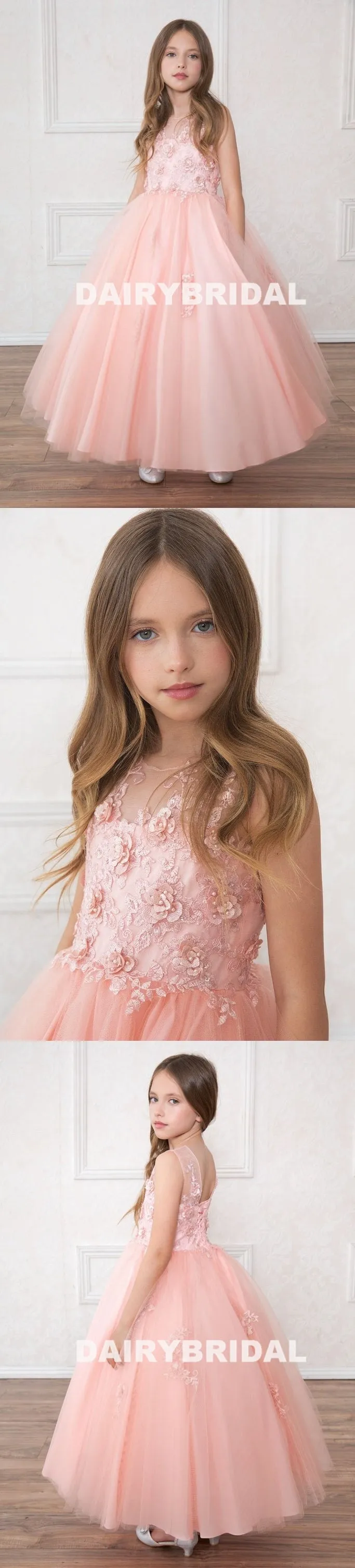 Tulle Applique Flower Girl Dresses, Round Neckline Flower Lovely Little Girl Dresses, D489