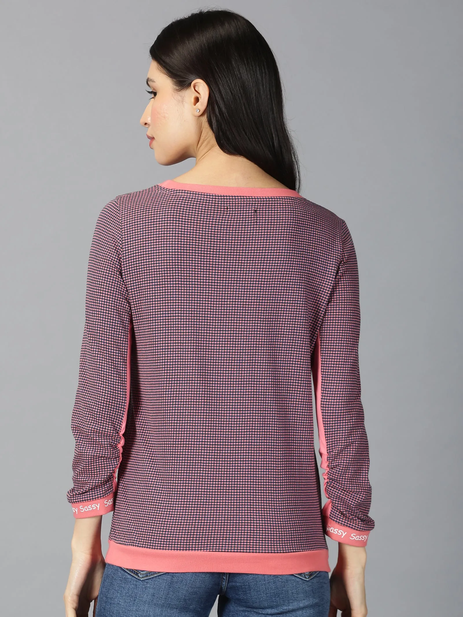 Women Pink & Blue Small Checked Round Neck Casual T-Shirt