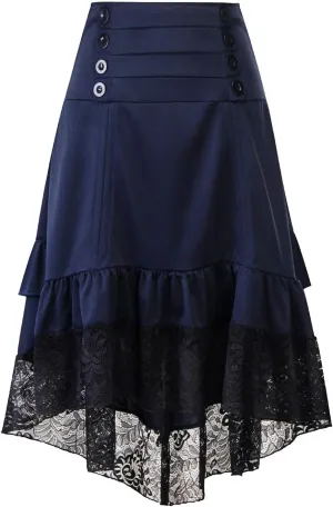 Women Steampunk Victorian Renaissance Gothic Lace Ruffled Skirts Vintage Court Style High Low Hem Midi Gothic Skirt