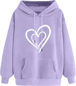 Women's Graphic Hoodies Classic Heart Print Sweatshirt Oversized Valentine's Day Drawstring Pullover with Pockets