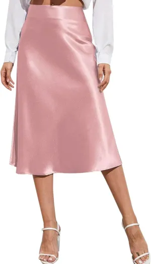 Womens High Waist Midi Skirt Casual Solid Versatile Satin Dress Fashion Elegant Knee Length Skirt Prom Party Skirts