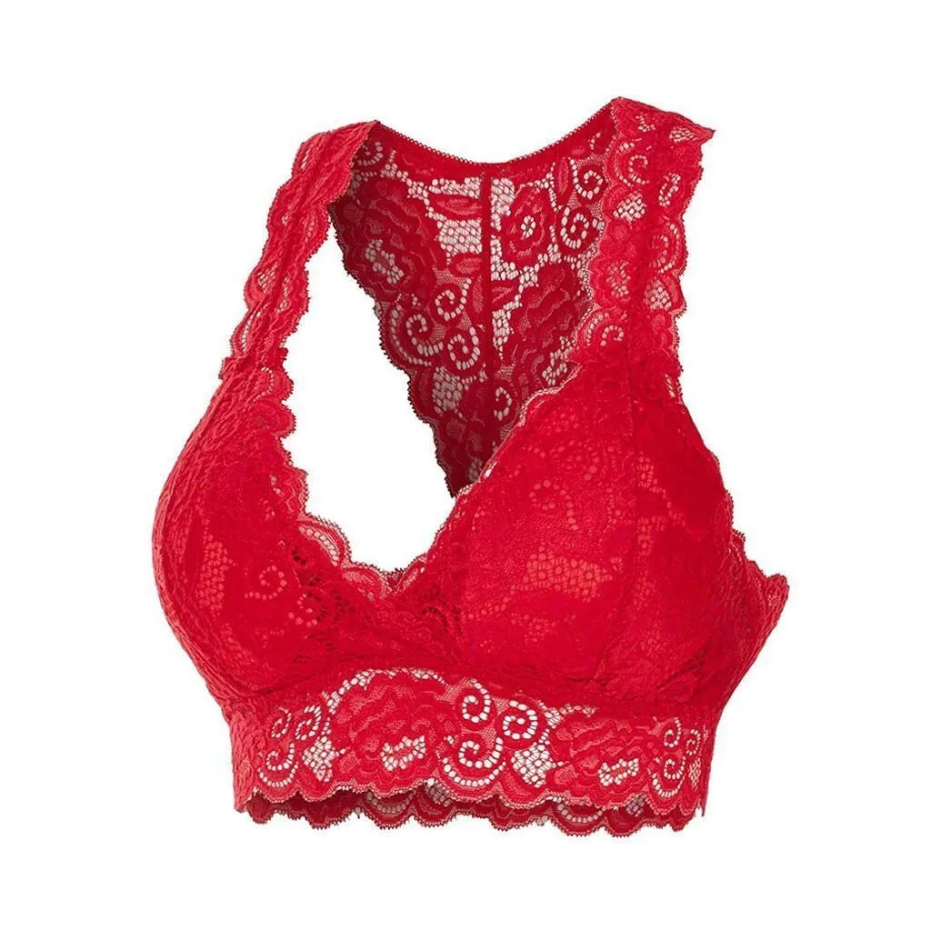 Womens Sexy Racerback Lace Bralette Bustier Breathable Crop Top Lace Bra
