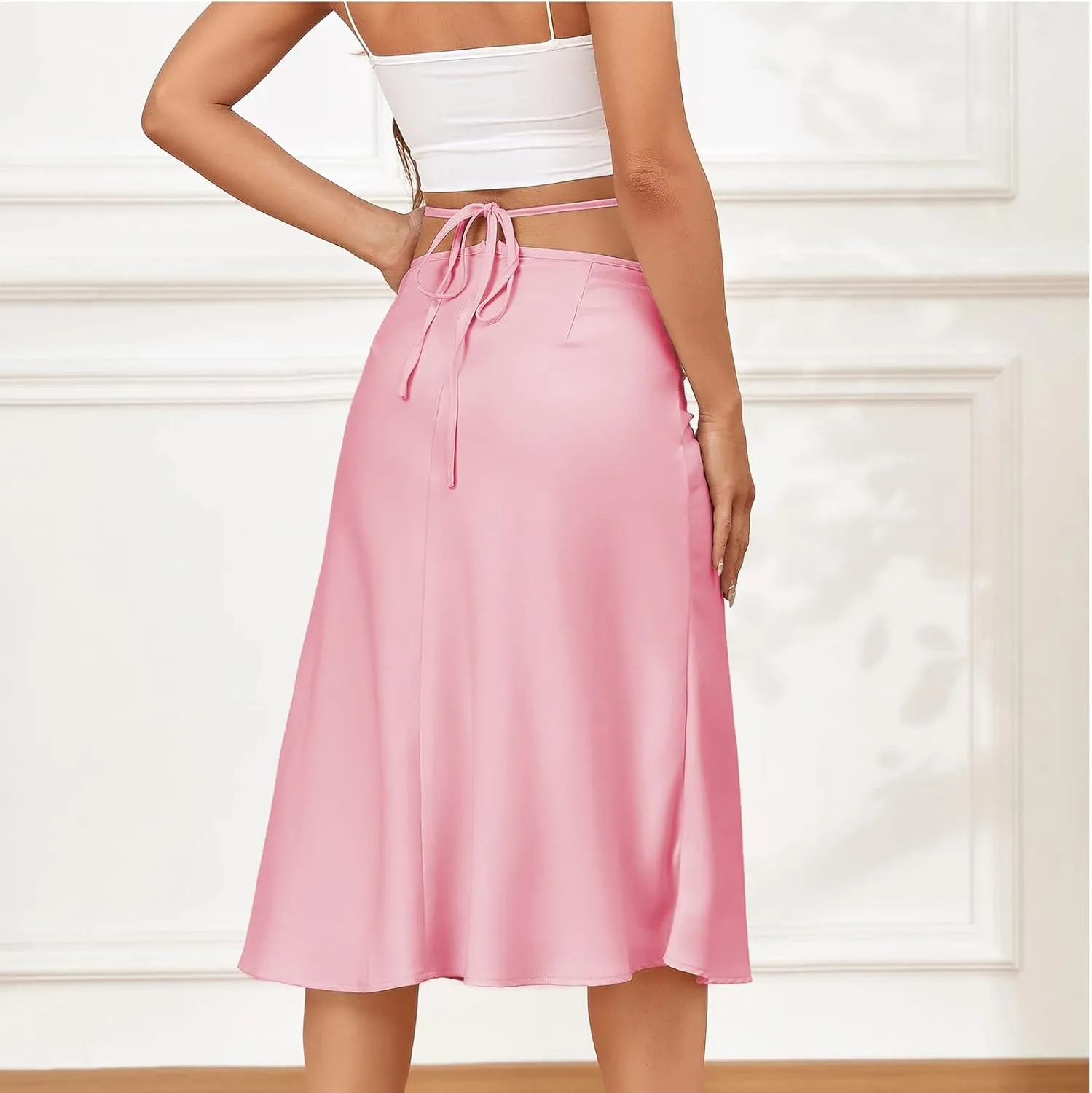 Womens Skirts Midi Length Sexy Lace up Navel Zipper Skirt Hip-Wrapped A-Line Swing Skirts Solid Color Silk Skirt