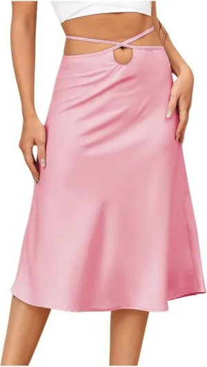 Womens Skirts Midi Length Sexy Lace up Navel Zipper Skirt Hip-Wrapped A-Line Swing Skirts Solid Color Silk Skirt