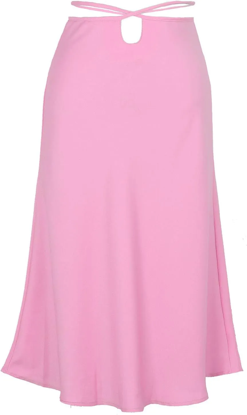 Womens Skirts Midi Length Sexy Lace up Navel Zipper Skirt Hip-Wrapped A-Line Swing Skirts Solid Color Silk Skirt