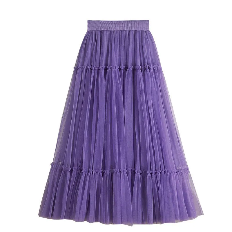 Women's Solid Color Tulle A Line Midi Long Skirts