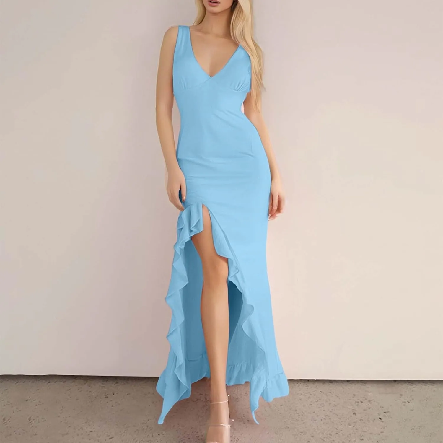 WYTong Women's Summer Bodycon Maxi Dress 2025 Spaghetti Strap Ruffle Mermaid Cocktail Wedding Guest Formal Long Dresses