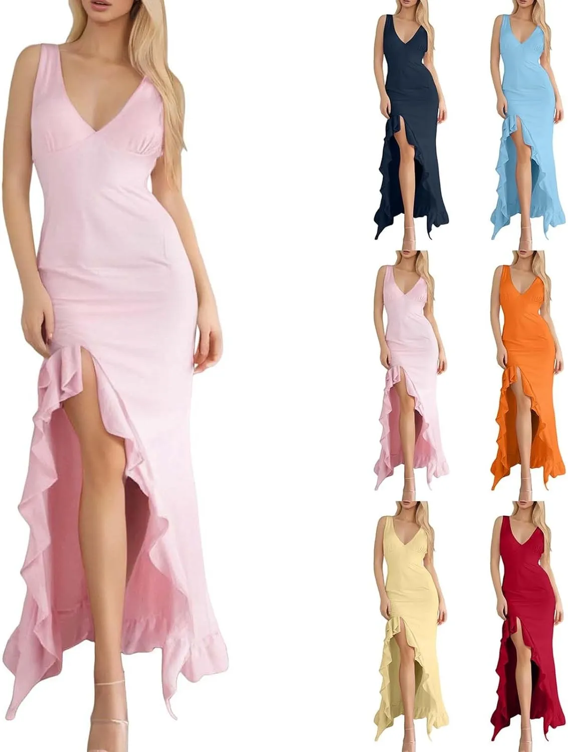 WYTong Women's Summer Bodycon Maxi Dress 2025 Spaghetti Strap Ruffle Mermaid Cocktail Wedding Guest Formal Long Dresses
