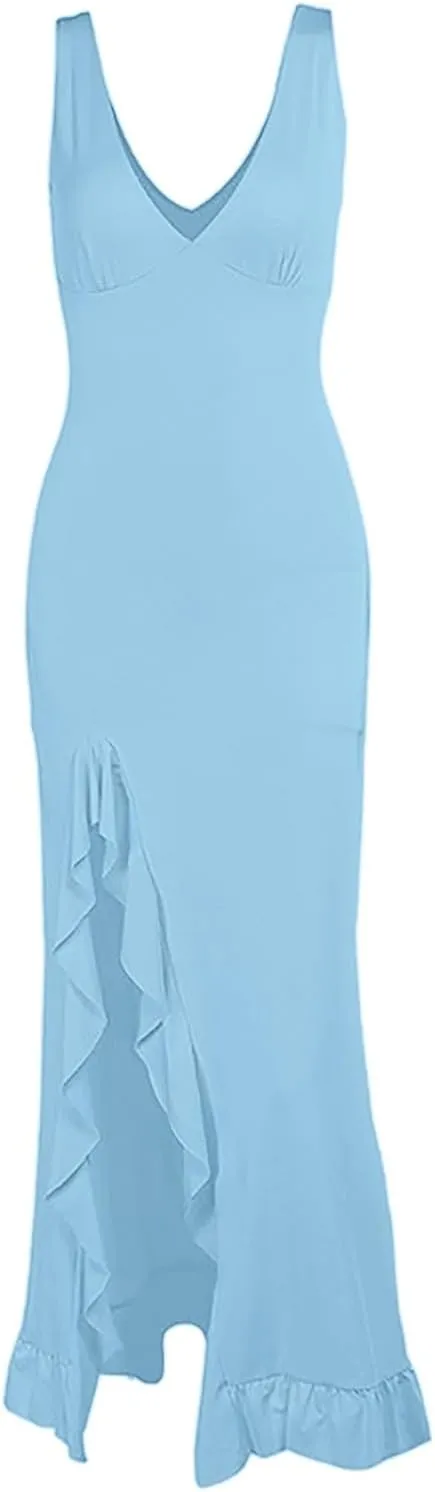 WYTong Women's Summer Bodycon Maxi Dress 2025 Spaghetti Strap Ruffle Mermaid Cocktail Wedding Guest Formal Long Dresses