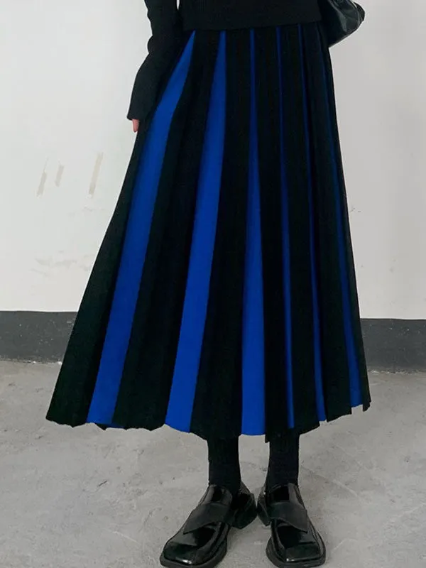 xakxx A-Line Loose Contrast Color Pleated Skirts Bottoms