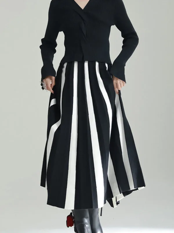 xakxx A-Line Loose Contrast Color Pleated Skirts Bottoms