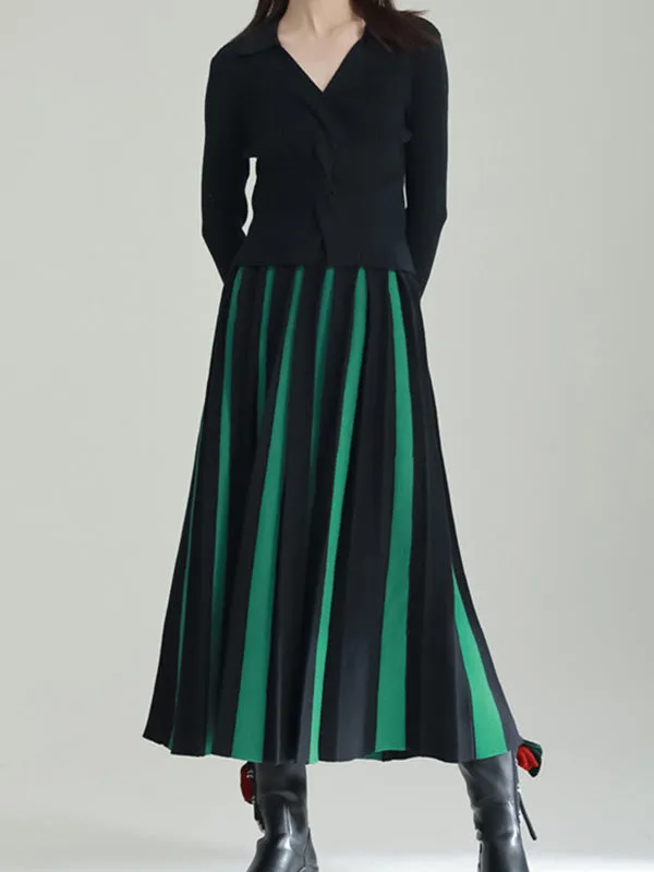 xakxx A-Line Loose Contrast Color Pleated Skirts Bottoms