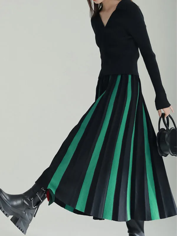 xakxx A-Line Loose Contrast Color Pleated Skirts Bottoms