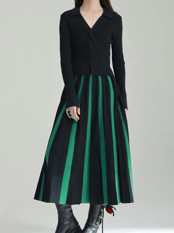 xakxx A-Line Loose Contrast Color Pleated Skirts Bottoms