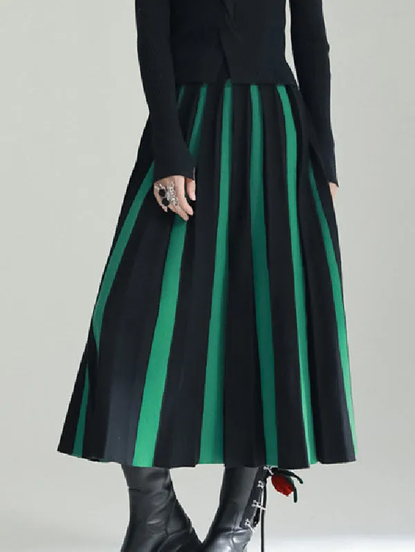 xakxx A-Line Loose Contrast Color Pleated Skirts Bottoms
